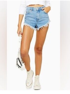 Topshop Kiri Moto Festival Light Blue Frayed Hem Denim High-waist Shorts